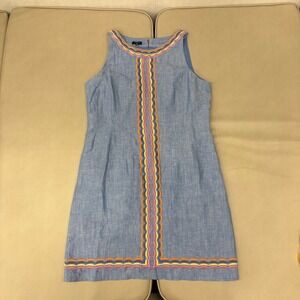 Talbots Petite Blue Linen Cotton Embroidered Sheath Dress 8P Sleeveless Ric Rac